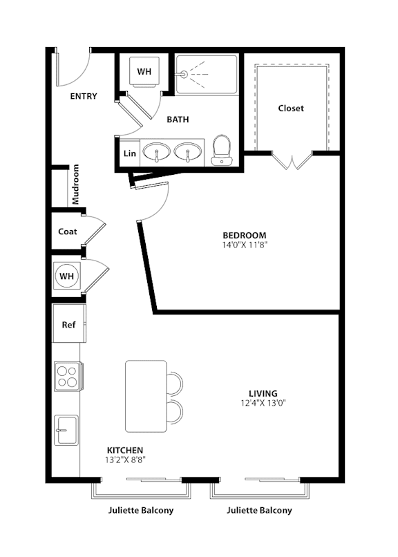 A floor plan of a Juliette Balcony apartment with a living room, kitchen, bathroom, and bedroom.