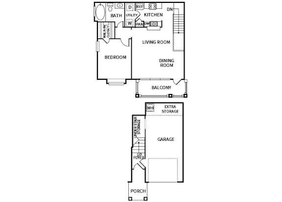 A floor plan of a house with a living room, dining room, kitchen, bedroom, and garage.