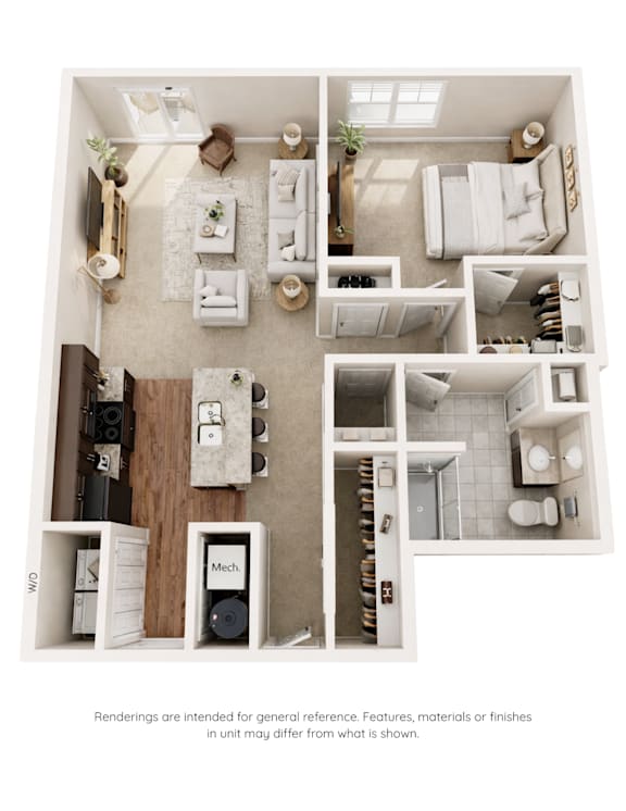 A top-down view of a well-organized apartment with a kitchen, living room, and bathroom.