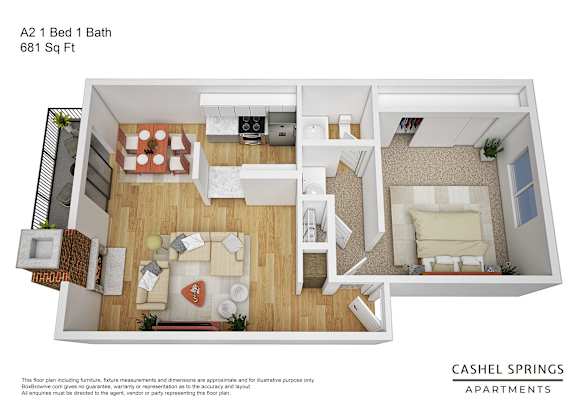 A floor plan of an apartment with a bedroom, living room, and kitchen.