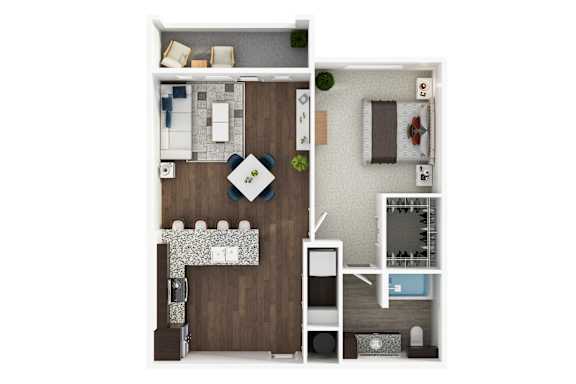 A top-down view of a small apartment with a kitchen, living room, and bedroom.
