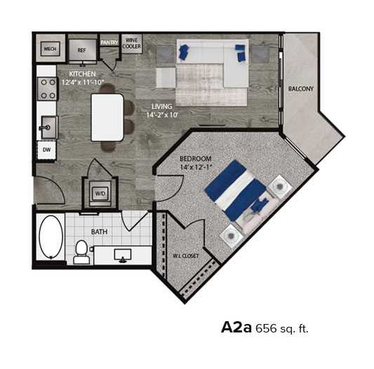 A floor plan of an apartment with a living room, kitchen, bathroom, and bedroom.