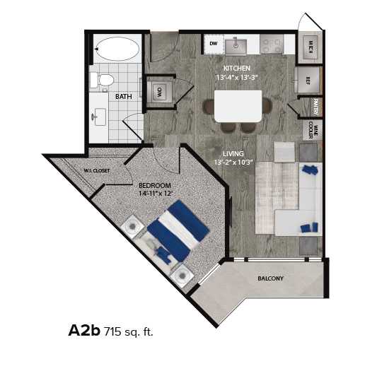 A 2 bedroom apartment is 715 square feet.