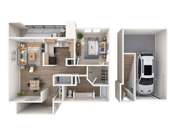 A 3D floor plan of a small apartment with a kitchen, living room, and bedroom.