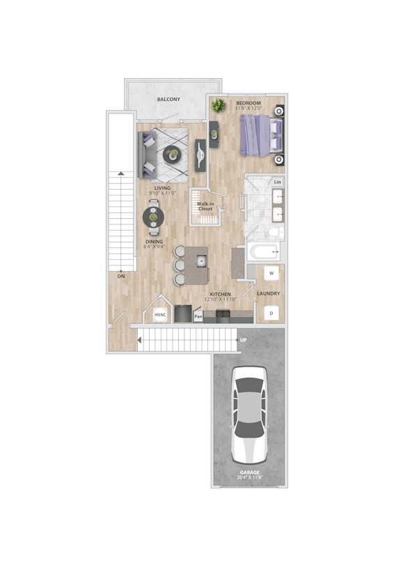 A floor plan of a house with a garage and a car.