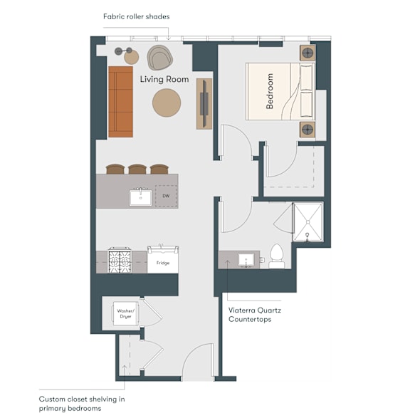 A diagram of a house layout with a living room, bedrooms, and a kitchen.