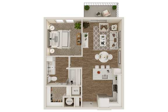 A floor plan of a small apartment with a kitchen, living room, and bathroom.