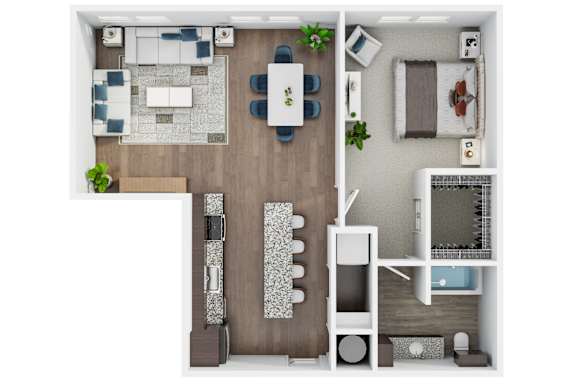 A top-down view of a modern apartment layout with a living room, dining area, kitchen, and bedroom.