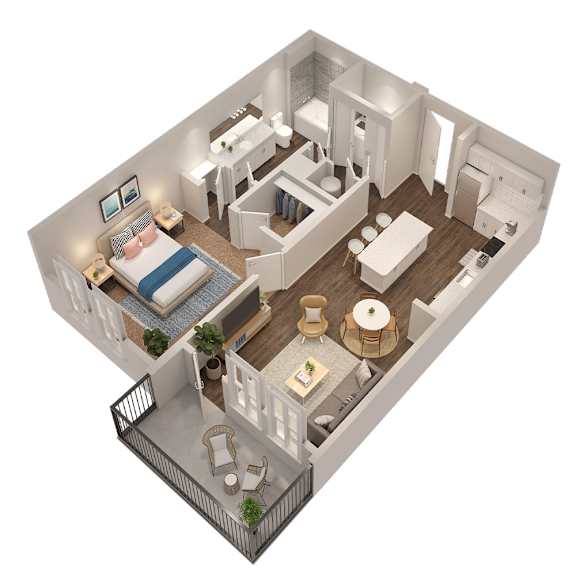 A 3D image of a small apartment with a bedroom, living room, and kitchen.