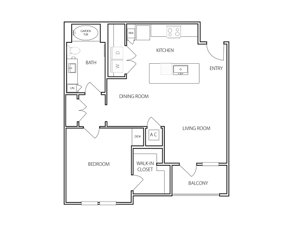 A floor plan of a house with a garage, dining room, living room, kitchen, and two bedrooms.