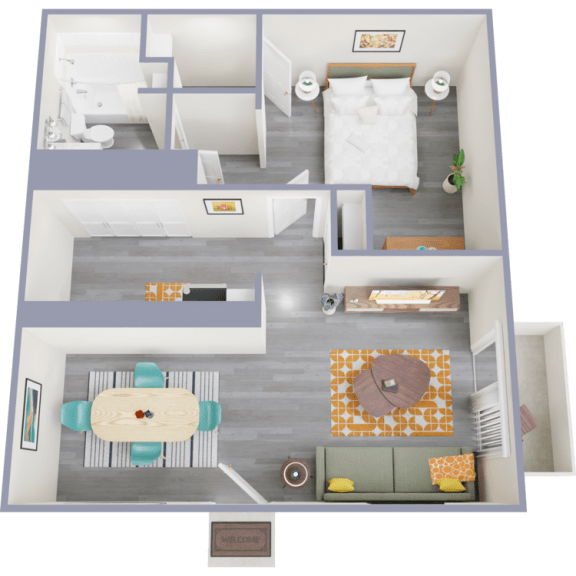 a 3d rendering of our 1 bedroom apartment at princeton court apartments in dallas