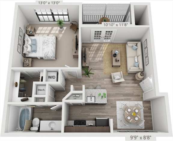 A 3D floor plan of a small apartment with a bedroom, living room, and kitchen.