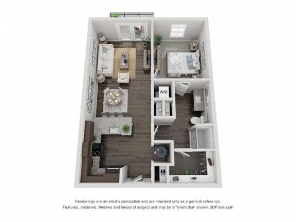 A 3D floor plan of a small apartment with two bedrooms and a living room.