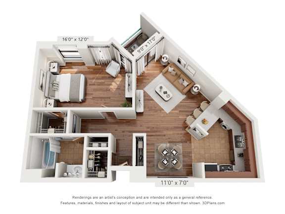 A 3D floor plan of a house with a kitchen, living room, and two bedrooms.