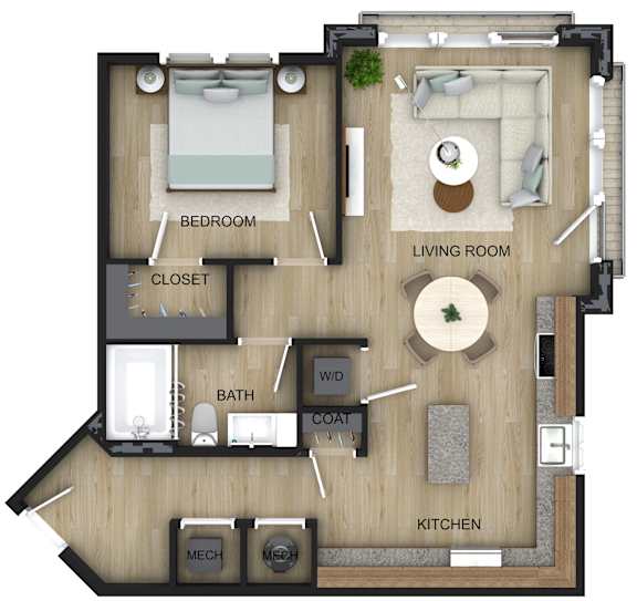 A floor plan of an apartment with a bedroom, living room, kitchen, bath, and closet.