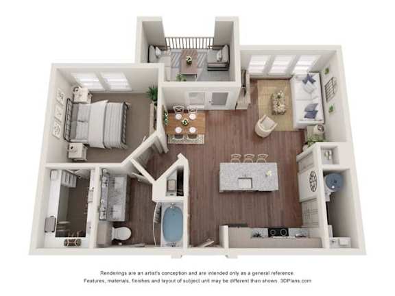 A 3D floor plan of a house with a kitchen, living room, and bathroom.