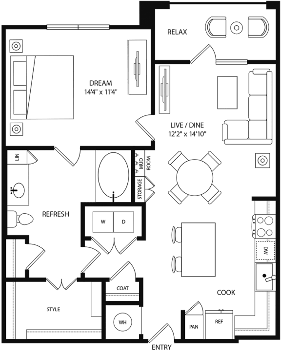 a floor plan of a home with a large living room with a fireplace and a dining room
