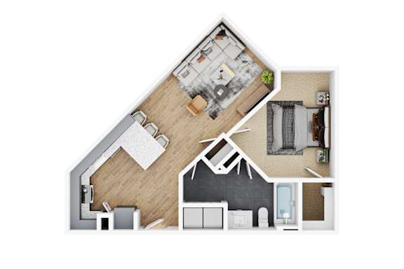 A top-down view of a house interior with a kitchen, living room, and bedrooms.