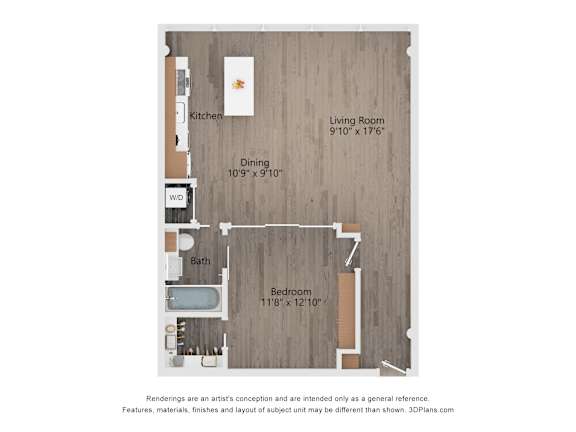 A floor plan of a small apartment with a kitchen, dining room, living room, bedroom, and bathroom.