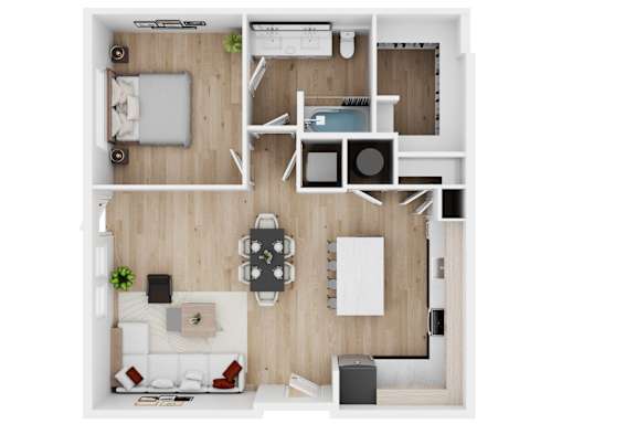 A top-down view of a modern, minimalist living space with a kitchen area.