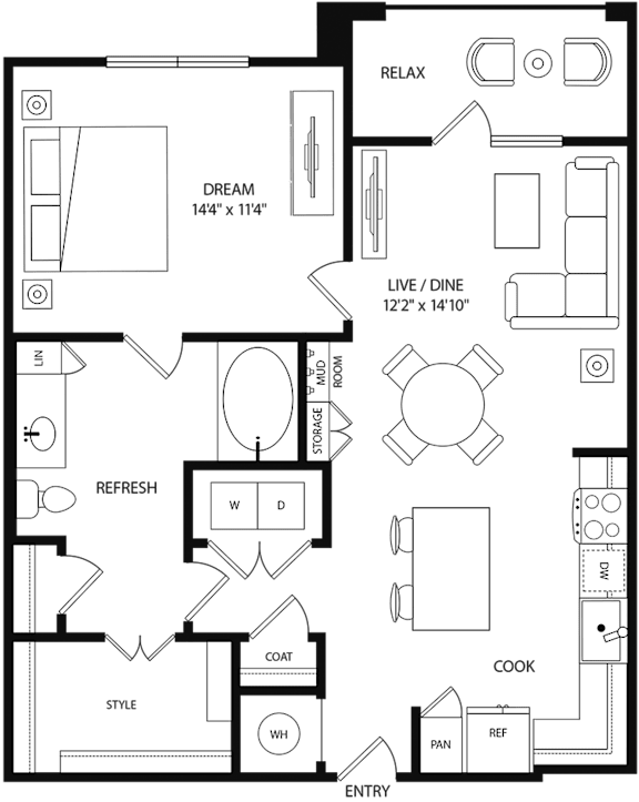 A floor plan of a house with labeled rooms such as RELAX, DREAM, and COOK.