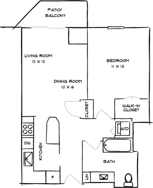 A floor plan of a house with a living room, dining room, kitchen, and bathroom.