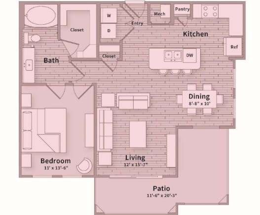 A floor plan of a house with a kitchen, living room, dining room, bedroom, bathroom, and balcony.