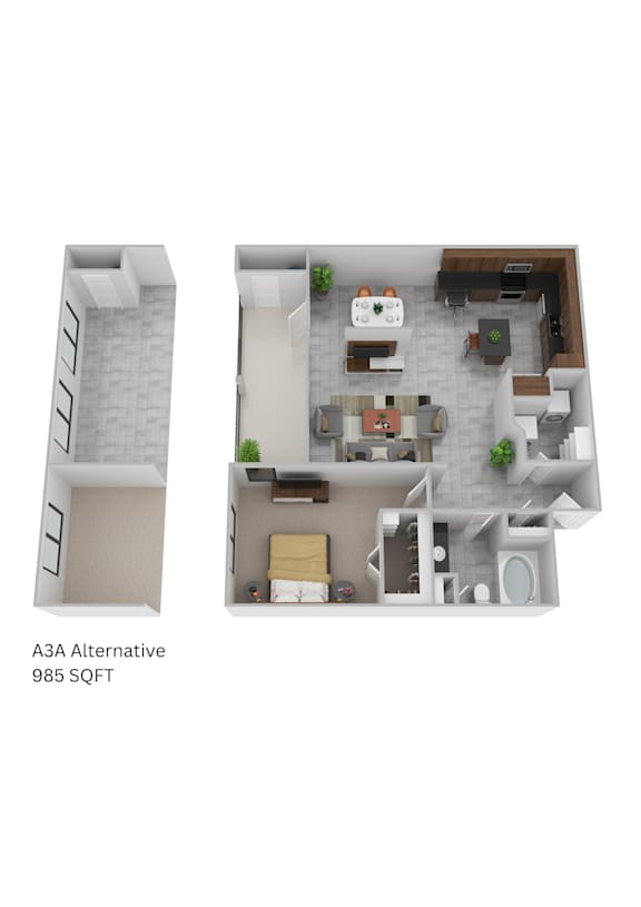A3A Alternative 985 SQFT floor plan showing a living room, kitchen, and bathroom.