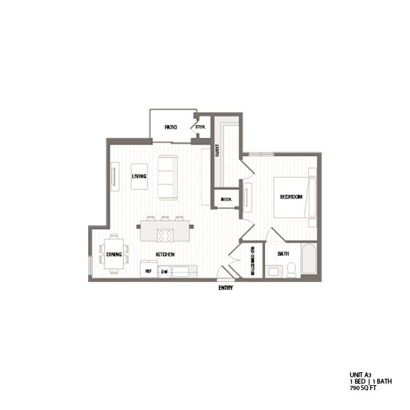 A floor plan of a house with a balcony, bedroom, living/dining area, kitchen, bathroom, and walk-in closet.