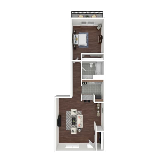 A top-down view of a small apartment with a kitchen, living room, and bathroom.