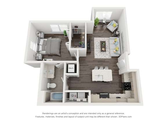 A 3D floor plan of a house with a kitchen, living room, and bathroom.