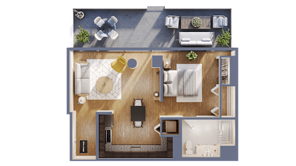 A top-down view of a living space with a kitchen, dining area, and a bedroom.