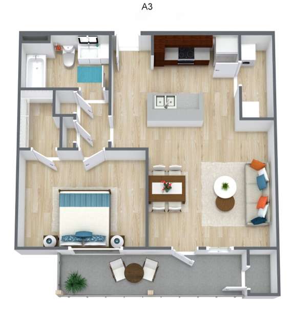 A 3D floor plan of an apartment layout.