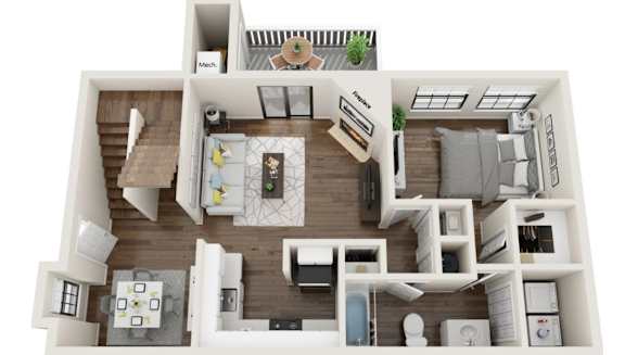 A top-down view of a small apartment with a kitchen, living room, and bedroom.