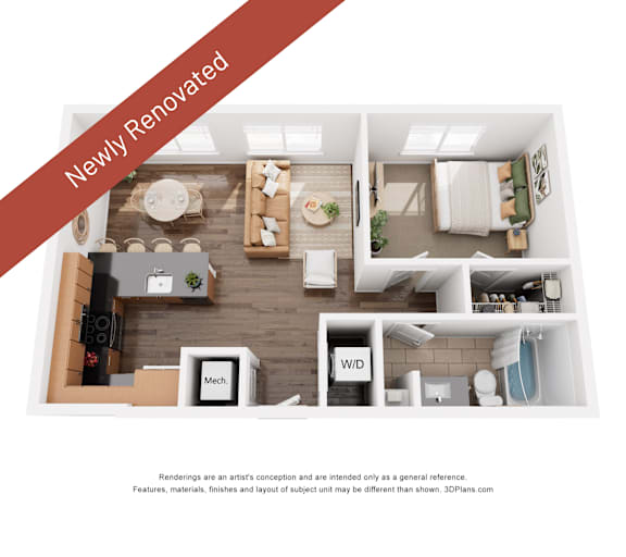 A 3D floor plan of a newly renovated apartment.