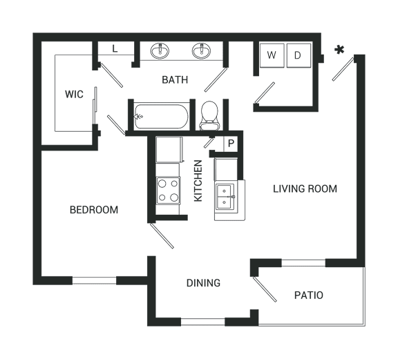 A floor plan of a house with a living room, dining area, kitchen, and bedrooms.