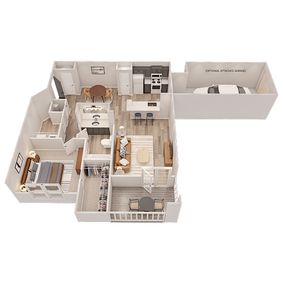 A 3D floor plan of a house showing a living room, kitchen, and two bedrooms.
