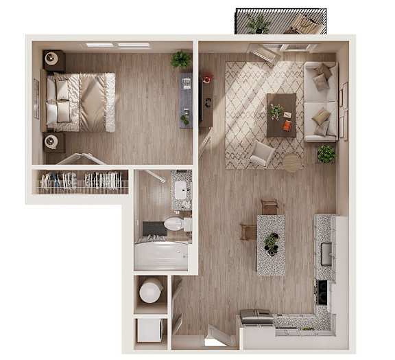 A floor plan of a small apartment with a kitchen, living room, and bathroom.