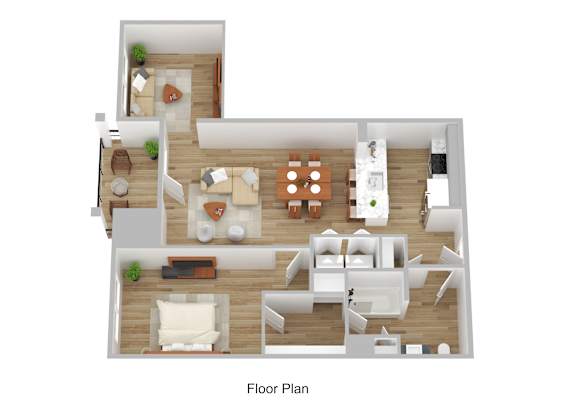 A floor plan of a house with a living room, dining room, kitchen, and bedrooms.