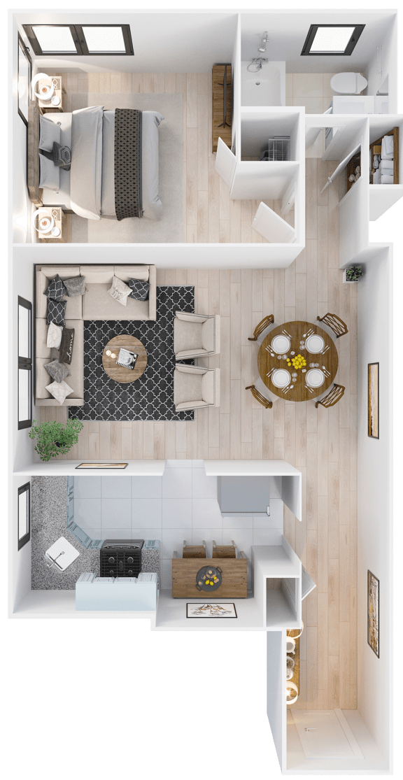 a rendering of our 1 bedroom apartment at princeton court apartments in dallas