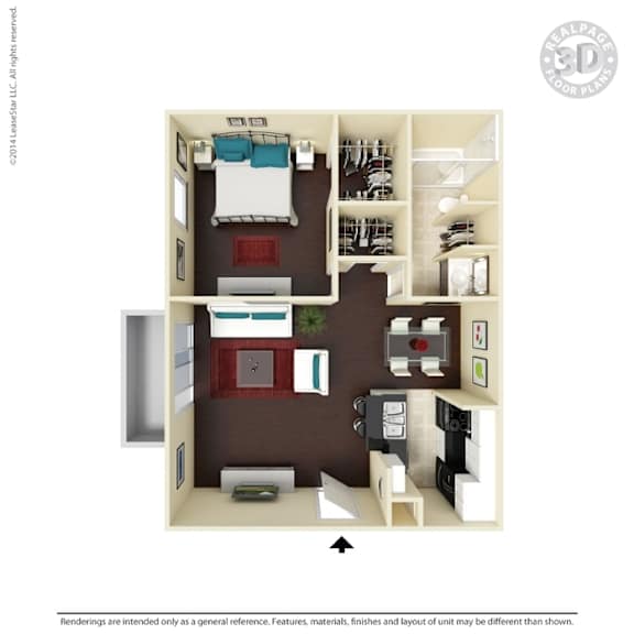 A 3D floor plan of a small apartment with a bedroom, living room, and kitchen.