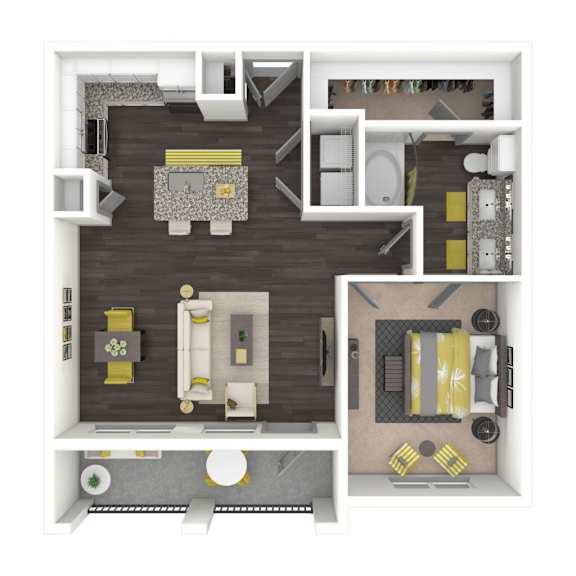 A top-down view of a house layout with a kitchen, living room, and bathroom.