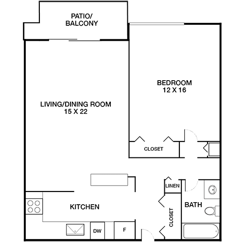 A floor plan of a house with a living/dining room, kitchen, bathroom, and bedrooms.