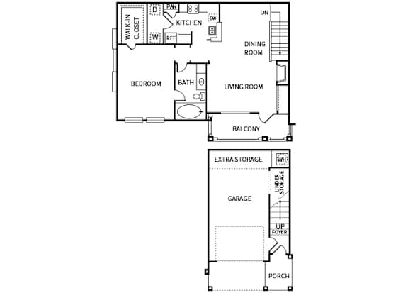 A floor plan of a house with a garage and a porch.