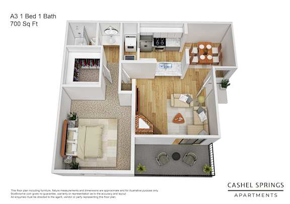 A 3 bedroom apartment with a bathroom is shown in the image.