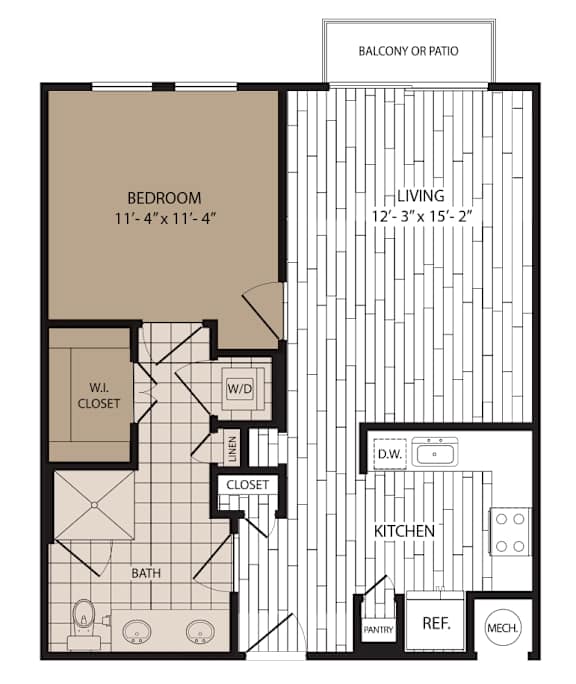 A floor plan of a house with a bedroom, bathroom, closet, kitchen, pantry, and a balcony or patio.