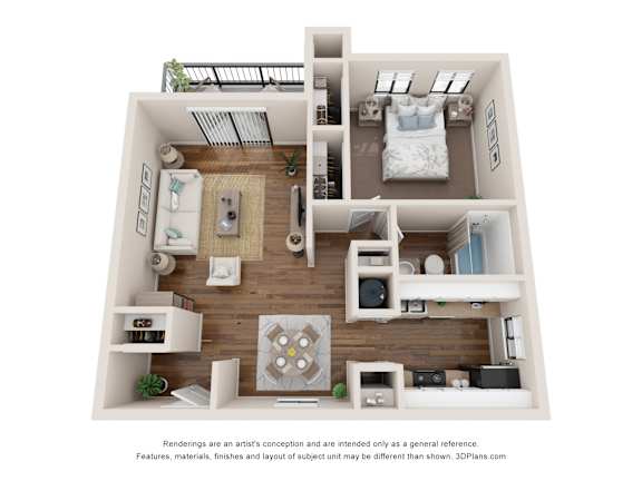 A 3D floor plan of a house with a kitchen, living room, and bedrooms.