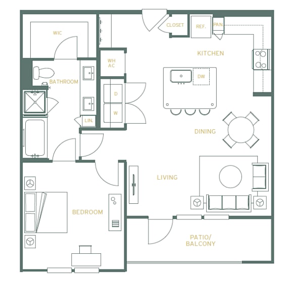 A floor plan of a small apartment with a kitchen, living room, and bathroom.