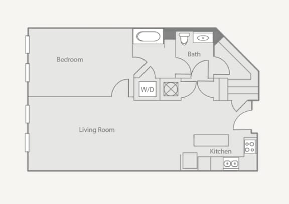 A floor plan of a small apartment with a bedroom, living room, and kitchen.