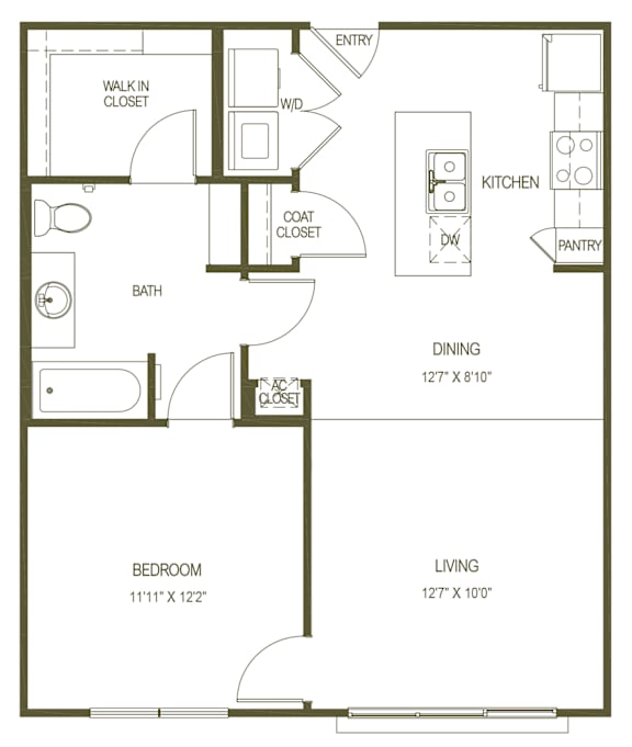 A floor plan of a house with a living room, dining room, kitchen, pantry, bath, and bedroom.
